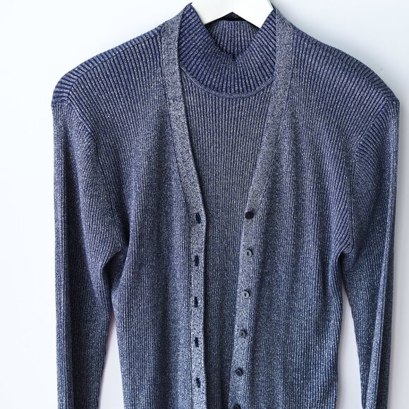 KASPER & COMPANY Blue Ribbed Mock Neck Top & Cardigan - Size P Medium - Picture 1 of 11